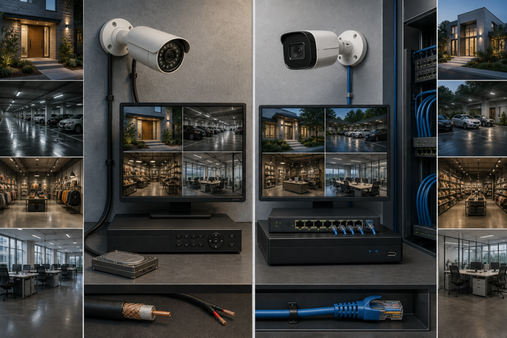 Collage showing security cameras, surveillance monitors, network equipment, and cabling in homes, garages, stores, and offices