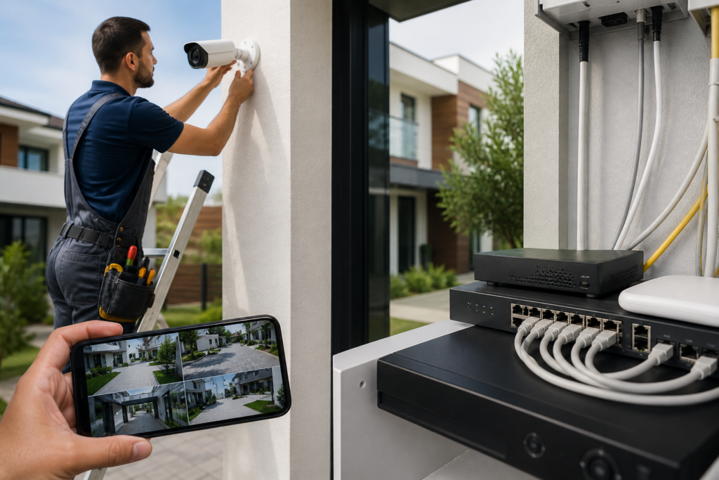 Technician installs a security camera while a phone displays its video feed beside connected network equipment