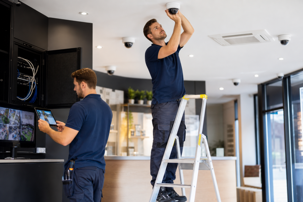 Two technicians install and monitor security cameras in an office